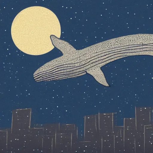 Image similar to illustration of a whale flying over a city at night