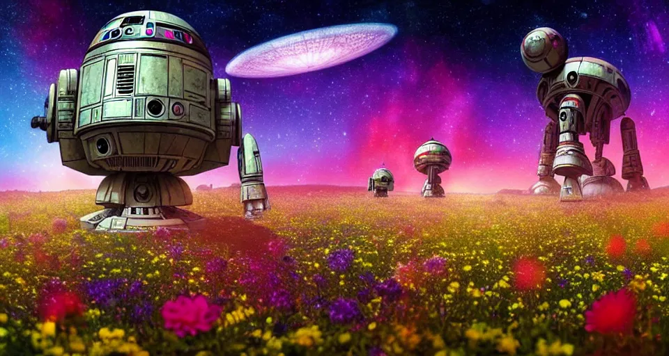 Image similar to a beautiful up close view of a mechanical mystical alien shrine in a field of multicolored colored flowers, underneath a star filled night sky, warm coloured, gigantic pillars and flowers, maschinen krieger, beeple, star trek, star wars, ilm, atmospheric perspective