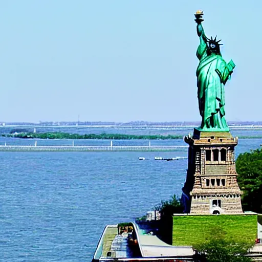 Prompt: photo of glass statue of liberty on bedloe's island overlooking the ocean, transparent glass