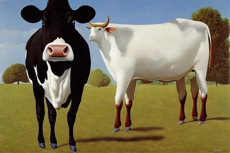 Image similar to 'Wherever you go, a cow is always watching you', painting by René Magritte