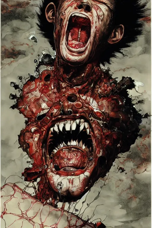 Prompt: full page illustration of tetsuo open mouth, showing a pill on his tongue, by Katsuhiro Otomo, Phil hale, 8k, hd, high resolution print