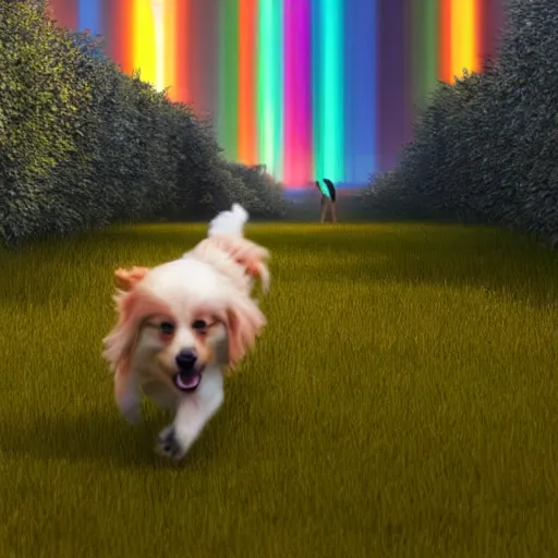 Image similar to a singular beautiful smiling dog running happily towards its owner, ethereal heavenly rainbow bridge in the background behind the dog, tall golden heavenly gates, amazing, stunning artwork, featured on artstation, cgosciety, behance