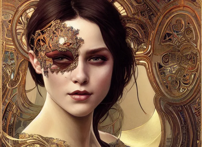 Image similar to masked, perfectly-centered-Portrait of the most beautiful woman on the planet , intricate, highly detailed, artstation, concept art, smooth, sharp focus, illustration,award-winning, Unreal Engine 5, 8K, art by artgerm and greg rutkowski and alphonse mucha