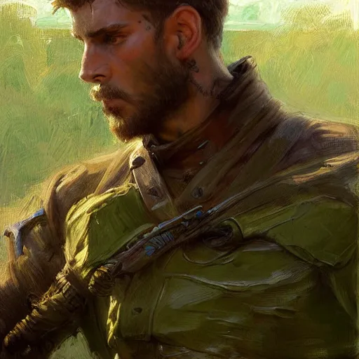 Image similar to young solider by a river, playful, male, muscular, green eyes, straight nose, beard, detailed face, gorgeous, amazing, muscular, intricate, highly detailed, painting by Gaston Bussiere, Craig Mullins