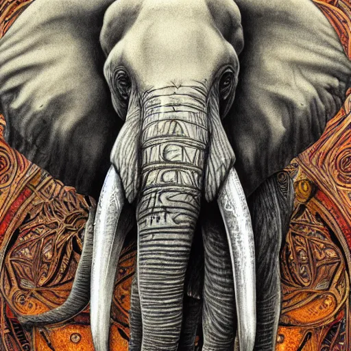 Image similar to detailed and sharp elephant artwork, mystic style, detailed, 8 k, detailed, symmetrical, by brian froud