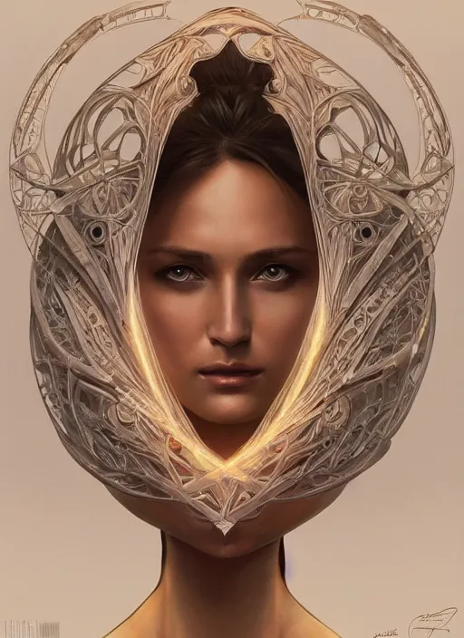 Image similar to symmetry!! hannah jeter, machine parts embedded into face, intricate, elegant, highly detailed, digital painting, artstation, concept art, smooth, sharp focus, illustration, art by artgerm and greg rutkowski and alphonse mucha, 8 k