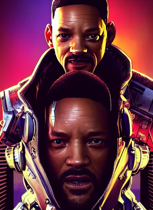 Prompt: portrait of Will Smith as a pilot character in Cyberpunk 2077, looking at camera, intricate, dystopian, sci-fi, extremely detailed, digital painting, artstation, concept art, smooth, sharp focus, illustration, intimidating lighting, incredible art by artgerm and greg rutkowski and alphonse mucha and simon stalenhag