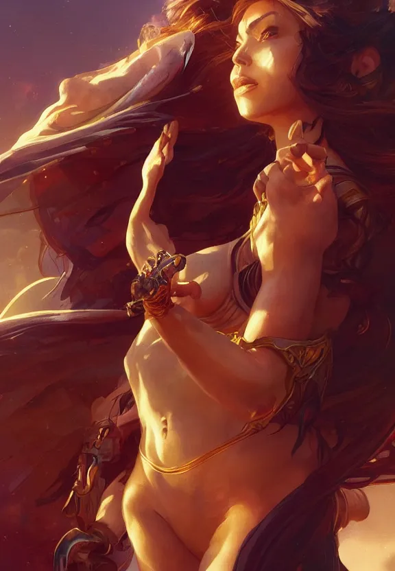 Prompt: Circe, posing heroically, heavenly, full body close-up shot, elegant, digital painting, golden hour, cinematic, epic, trending on artstation, concept art, smooth, sharp focus, illustration, art by artgerm and Greg Rutkowski and Alphonse Mucha