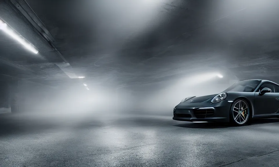 Image similar to photo of a porsche 911 standing in a garage with its headlights turned on, mist, volumetric light, 4k