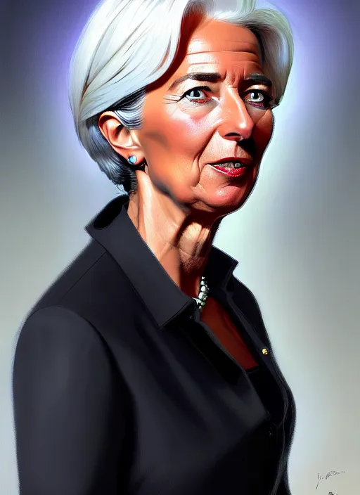 Image similar to a ultradetailed beautiful panting of christine lagarde wearing a stylish shirt with a tie, she has black hair, dancing, background explosion, by jesper ejsing, ilya kuvshinov, greg rutkowski on artstation