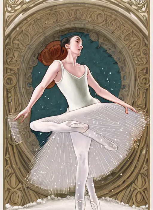 Image similar to well - lit art nouveau portrait of a 1 3 - year old ballet girl dancing in the snow, natural lighting, path traced, highly detailed, high quality, cartoon, digital painting, by don bluth and ross tran and studio ghibli