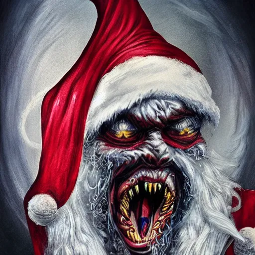 Prompt: terrifying monster Santa full dramatic shot, Lovecraft, oil painting, epic, ultra detailed, intricate