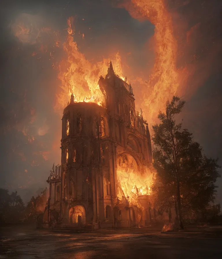 Image similar to a beautiful hyperrealistic detailed 3D render of a burning church, by Anton Otto Fischer, Atey Ghailan, genzoman, unreal engine, octane render, gigantic, 3D, brilliantly coloured, intricate, ultra wide angle, trending on artstation, embers, smoke, dust, dusk, volumetric lighting, HDR, polished, micro details, ray tracing, 8k
