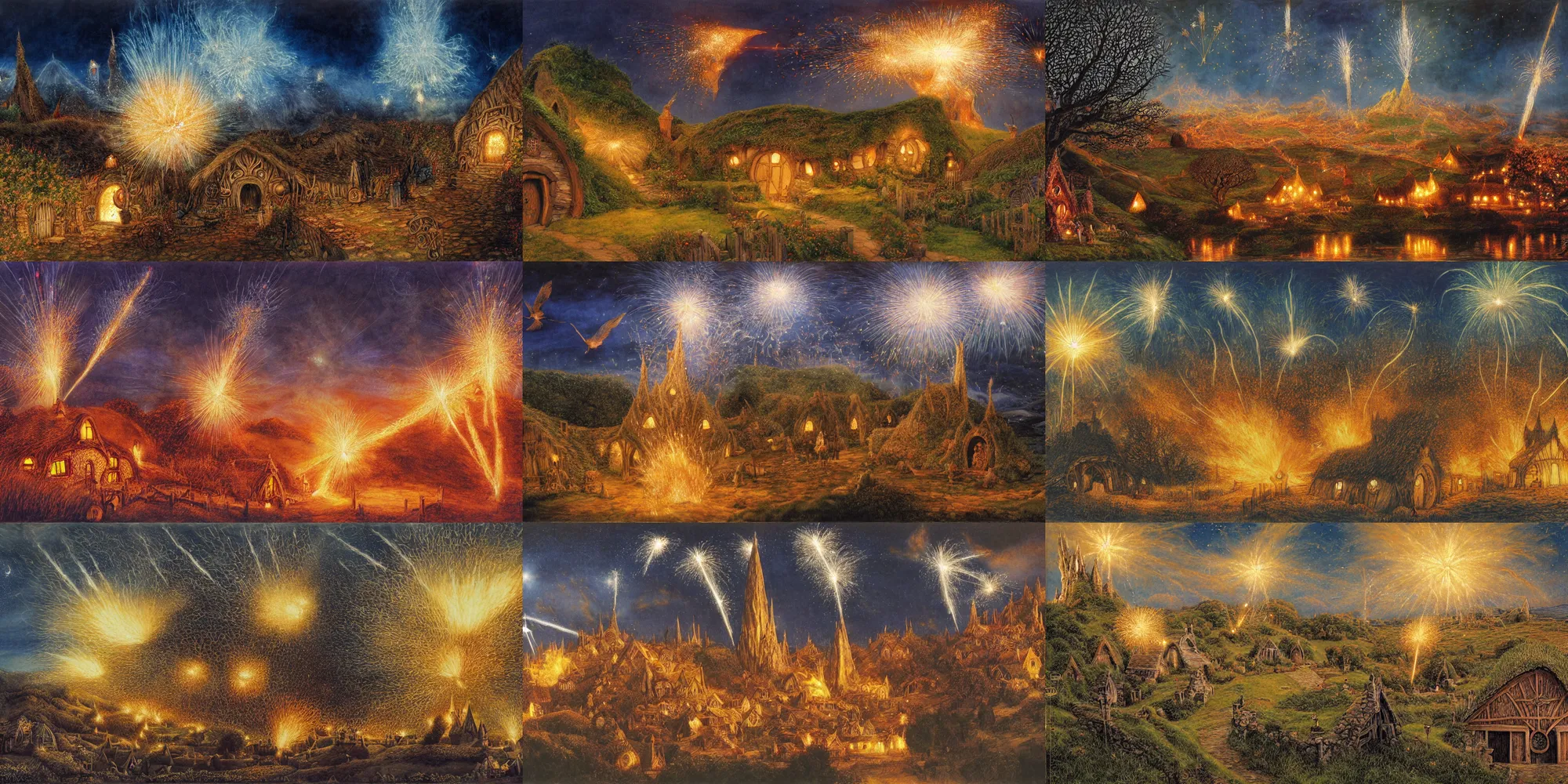 Prompt: hobbiton at night, a bird shaped firework explodes in the sky above bag end and the party tree, by alan lee, intricate, firework smoke trails, lord of the rings calendar, oil painting.