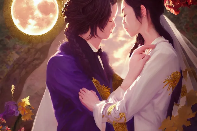 Image similar to a cinematic portrait of wedding photograph jpeg close up moment of a divine a japan sun god and moon goddess lovers magician at a wedding banquet. portraiture. digital painting. artstation. concept art. wedding photo. digital painting. violet evergarden art masterpiece by art by krenz cushart