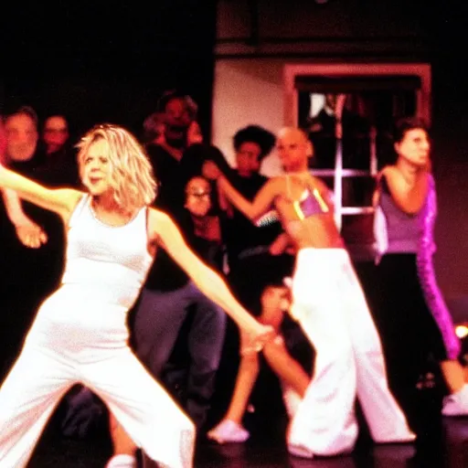 Image similar to Meg Ryan dancing a hip hop routine on stage with cool lighting