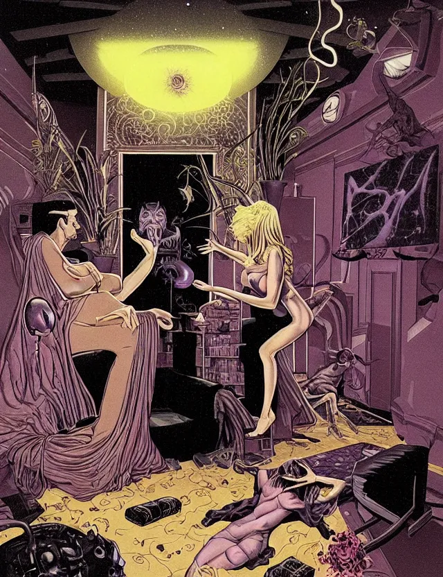 Image similar to Man and woman start to bounce in a living room of a house, floating dark energy surrounds the middle of the room. There is one living room plant to the side of the room, and another woman with siren body sitting on the sofa, surrounded by a background of dark cyber mystic alchemical transmutation heavenless realm, cover artwork by philippe caza and Jenny seville, midnight hour, part by francis bacon + adrian ghenie, part by jeffrey smith, part by josan gonzales, part by norman rockwell, part by phil hale, part by kim dorland, rich deep color scheme, artstation, matte gouache illustration, highly detailed,