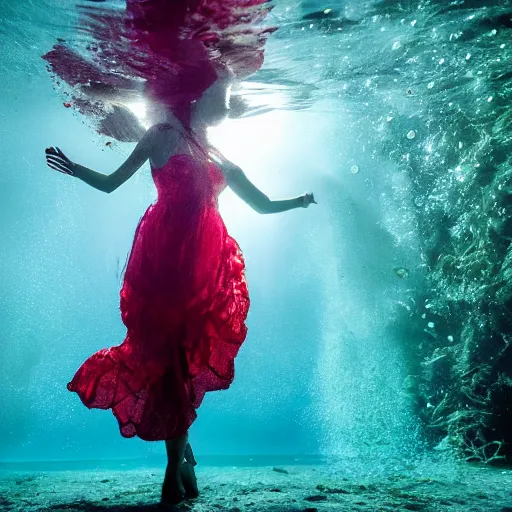 Image similar to woman dancing underwater wearing a dress made of seaweed that is flowing in the current, lighting with caustics from sunlight, cinematic, photorealistic