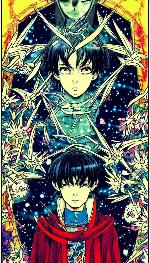 Prompt: anime tarot card based on the card Judgement, drawn by hideaki anno, beautiful lines, cosmic, psychedelic, detailed, clean