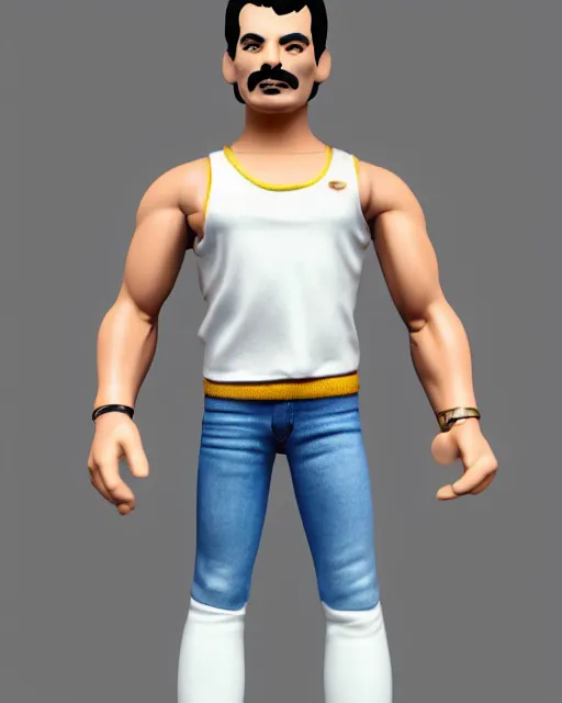 Prompt: full body 3 d render of freddie mercury, white sleeveless tank top blue jeans as a funko pop!, four, studio lighting, white background, single body, no shadow, blender, trending on artstation, 8 k, highly detailed