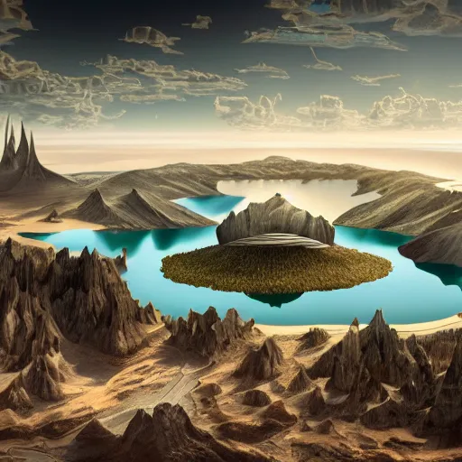 Image similar to a highly detailed matte painting of large island in the center of a meteor crater lake with a futuristic fantasy city with a river running through it, aerial photography, ultrawide lens, art by john collier and albert aublet and alphonse mucha, volumetric lighting, octane render, 4 k resolution, trending on artstation, masterpiece