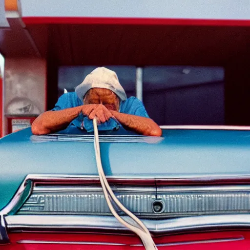 Image similar to a close-up high quality photo of a man about to pump gas into an old Buick, mid day, William Eggleston style