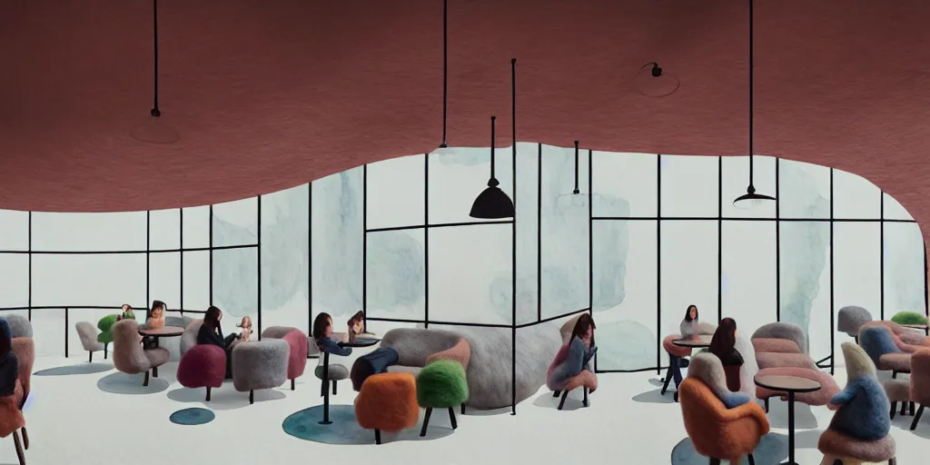 Image similar to an indoor modern cafe, watercolor and wool felting style, design by beeple, isometric style