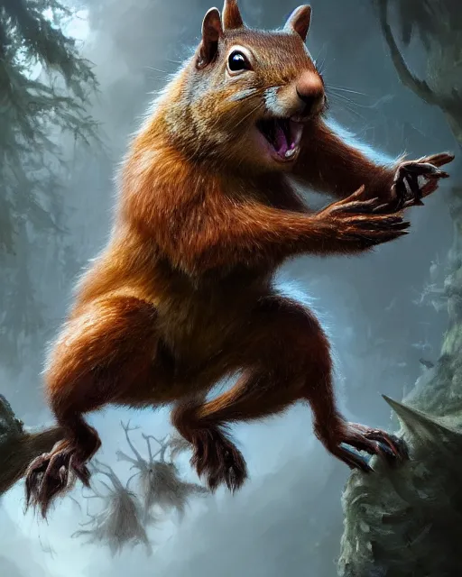 Image similar to oil painting of Anthropomorphized Squirrel attacking a monster, wearing leaf cloak,, sharp focus, fantasy style, octane render, volumetric lighting, 8k high definition, by greg rutkowski, highly detailed, trending on art Station, magic the gathering artwork, magical forest backround, centered