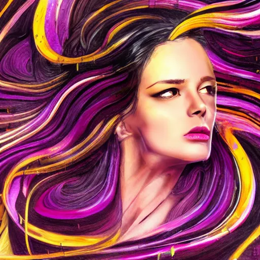 Image similar to masterpiece ink and acrylic dynamic portrait of an aesthetic beautiful realistic black haired woman, gold and purple strands, 3 0 years old woman, mid long hair, black eyed, by joachim bergauer and wlop, artstation, deviantart, pouring acrylic chaotic background, dynamic! curves and splashes, swirling, detailed, intricate