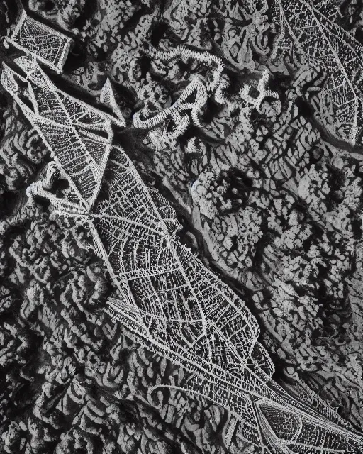 Image similar to an archipelago, made of intricate decorative lace leaf skeleton, shot from a drone, in the style of the dutch masters and gregory crewdson, dark and moody