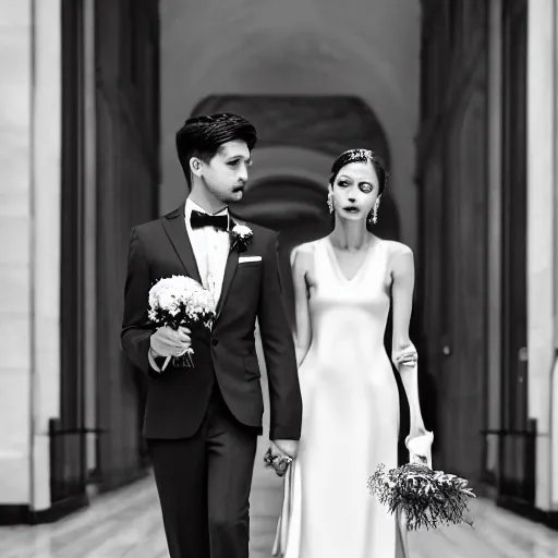 Prompt: an extremely beautiful couple in their 20s get married with a small intimate audience at marylebone town hall, the groom wears an elegant gucci suit, the bride wears a medium-length bridal gown with an exquisite veil, david bailey takes the photos, black and white, ilford ilfocolour 400, tlr rolleiflex T, octane render, 4k, realistic, hyperrealistic, highly detailed, strong bokeh around the faces of the couple, short depth of field, f/1.8