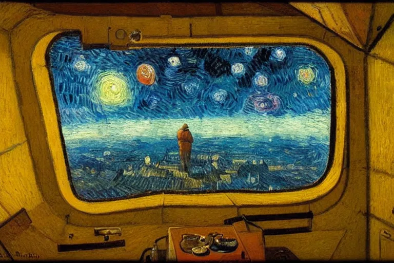 Prompt: a person looking from a window of a space station near Mars, colorful, beautiful, national geographic, very detailed, astrophotography, oil painting, canvas, Vincent van Gogh, Caspar David Friedrich, Theodor Kittelsen, Albert Bierstadt