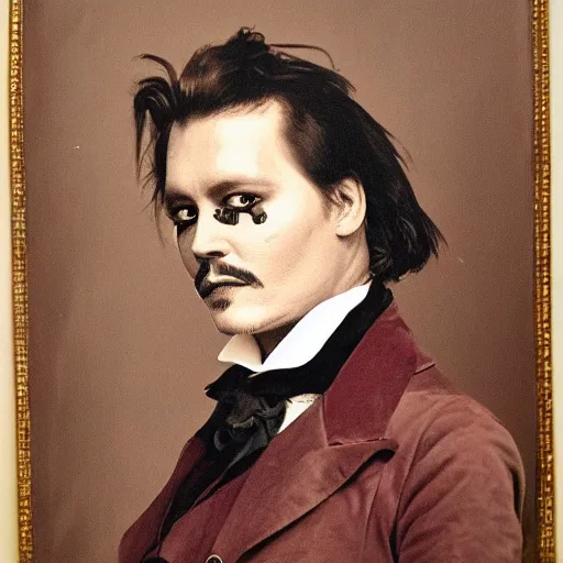 Image similar to old victorian style portrait of johnny depp with a powdered wig and ruffled shirt