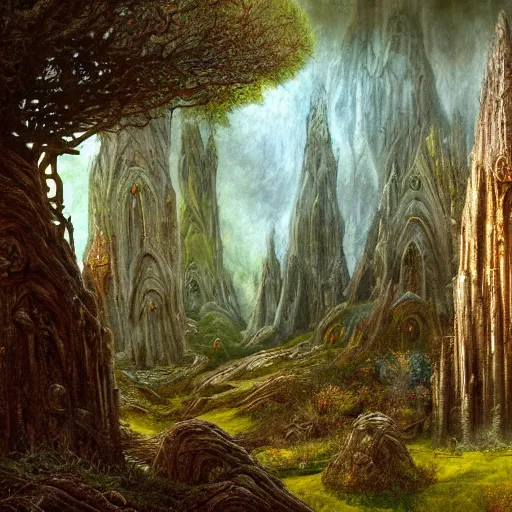 Prompt: a beautiful and highly detailed oil painting of an elven temple deep in the misty mountains, secret valley, tall spires, beautiful trees, ancient runes, intricate details, epic scale, insanely complex, 8 k, sharp focus, hyper realism, fantasy landscape, psychedelic, by caspar friedrich and brian froud and albert bierstadt,