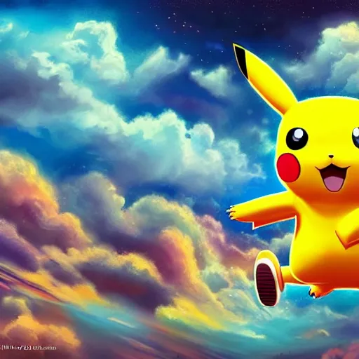 Prompt: a stunning wide angle view a pikachu jumping from a cliff into space, highly detailed clouds, artistic composition, sharp focus, intricate concept art, digital painting, colorful flat surreal design, hd, 8 k, artstation, ambient lighting