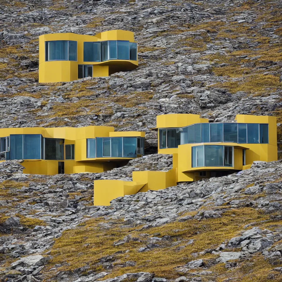 Image similar to a mid-century modern house on top of a cliff in the arctic, designed by Frank Gehry, with a long pathway toward it. Big tiles. Film grain, cinematic, yellow hue