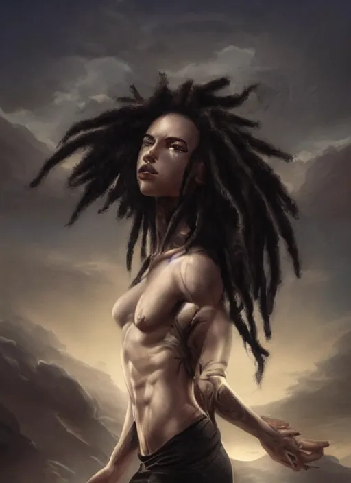 Image similar to girl with pale white skin and black dreadlocks, muscular upper body, beautiful highly detailed face, complementary lighting, backlit, black eyeshadow, dark eyes, adventure, dramatic lighting, landscape background, beautiful painting by artgerm and greg rutkowski and raymond swanland