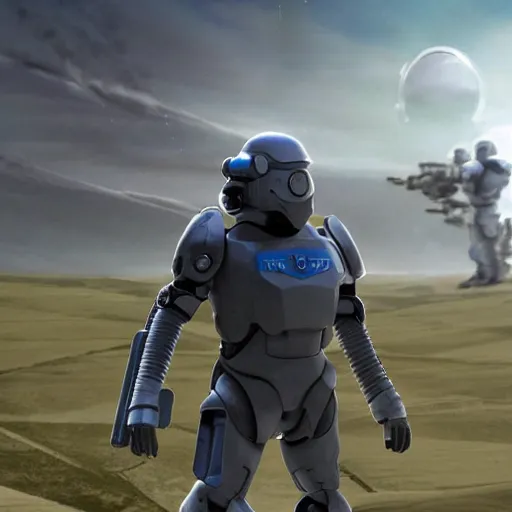 Image similar to photograph of an stern old man wearing futuristic gray heavy exosuit armor with navy blue detailing holding a white plastoid shield in his left hand and a blaster in his right hand. in the background there is a scifi battle taking place with trenches and force - field generator trucks and laser machineguns on a rolling green plains with snowcapped mountains in the distance. science fiction.