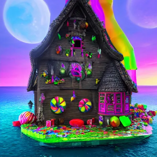 Image similar to a witches house made out of candies on the ocean, epic scene, fantasy, redshift render, cgi, hyper - detailed, photo - bash, 8 k post - production, masterpiece