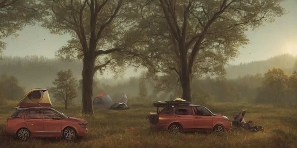 Prompt: looking out a car window to see two women camping, elegant scene, low angle, wide angle, indian forest, wide angle, cinematic, ultrarealistic, trending on artstation, cgsociety, highly detailed, color graded, rendered in unreal engine 4 k hq, matte painting, by simon stalenhag and hudson river school, horizon forbidden west