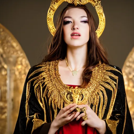 Image similar to a beautiful young female wizard dressed in ornate robes wearing sparkling gold jewelry