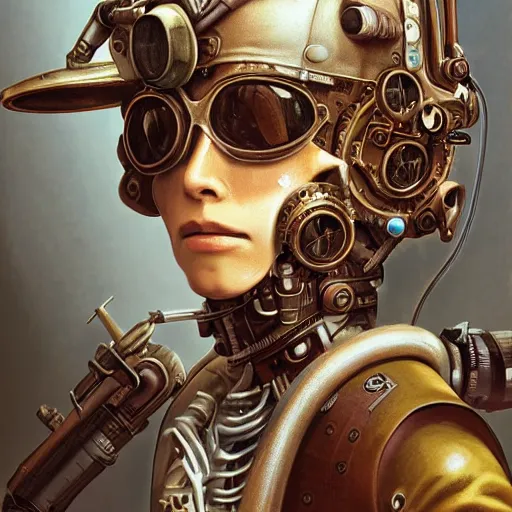 Image similar to portrait painting of a steampunk cyborg conspiracy theorist, transhumanism, ultra realistic, concept art, studio ghibli, intricate details, eerie highly detailed