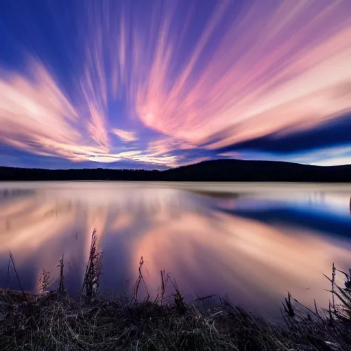 Image similar to A long exposure photograph of clouds streaking across the sky near a lake, reflections, highly detailed, wide angle, sunset