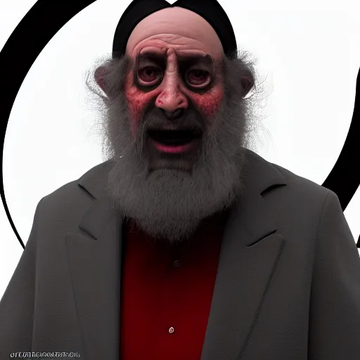 Prompt: A portrait of a Rabbi that the devil looking at the camera in anger, satan, dark, ominous, haunting, sinister, close-up, studio lighting, realism, 8k, 3D render, octane 3D, maya, cinema 4D, Blender, red lighting, scary, horror, dark,