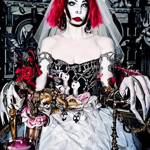 Image similar to the satanic bride looking very sophisticated and hypermaximalist at her baroque wedding reception banquets as she feasts among the many archdemons