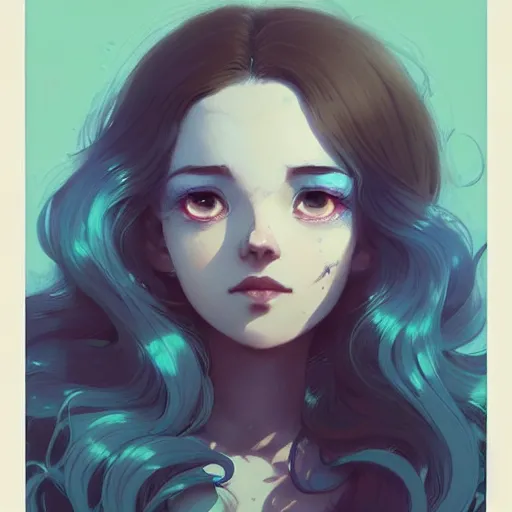 Prompt: beautiful artistic - wave highly detailed portrait female, front facing, long blue hair, in a music festival, by atey ghailan, by greg rutkowski, by greg tocchini, by james gilleard, by joe fenton, by kaethe butcher, dynamic lighting, gradient light blue, brown, blonde cream and white color scheme, grunge aesthetic