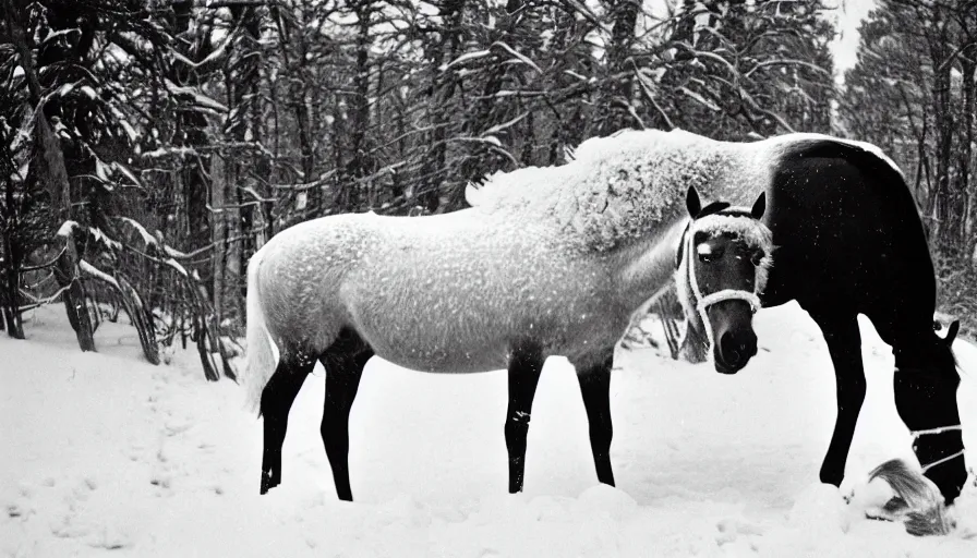 Prompt: 1 9 6 0 s movie still close up of marcus aurelius + horse both frozen to death under the snow by the side of a river with gravel, pine forests, cinestill 8 0 0 t 3 5 mm b & w, high quality, heavy grain, high detail, texture, dramatic light, anamorphic, hyperrealistic, detailed hair, foggy