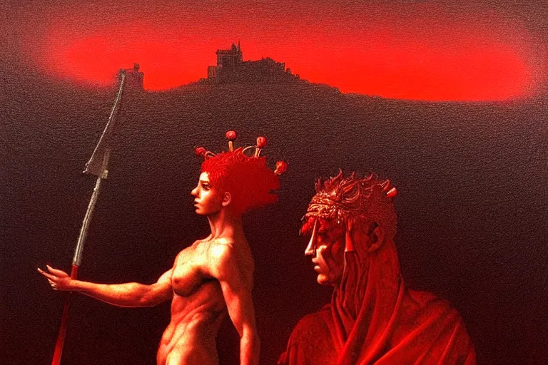 Image similar to only with red, a red melted apollo with a laurel wreath and a flaming sword announce the win, athens in the background, in the style of beksinski, part by hopper, part by rodcenko, part by hofbauer, intricate composition, red by caravaggio, insanely quality, highly detailed, masterpiece, red light, artstation