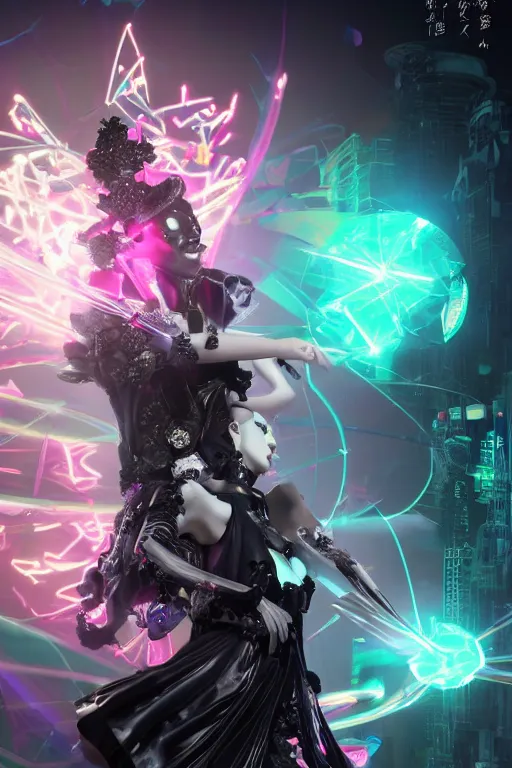 Image similar to full-body rococo and cyberpunk style quartz sculpture of a young handsome seductive japenese android ninja reaching for the sky, glowing pink laser eyes, crown of white gears and diamonds, swirling green-colored silk fabric. futuristic elements. full-length view. intricate artwork by caravaggio. Trending on artstation, octane render, cinematic lighting from the right, hyper realism, octane render, 8k, depth of field, 3D