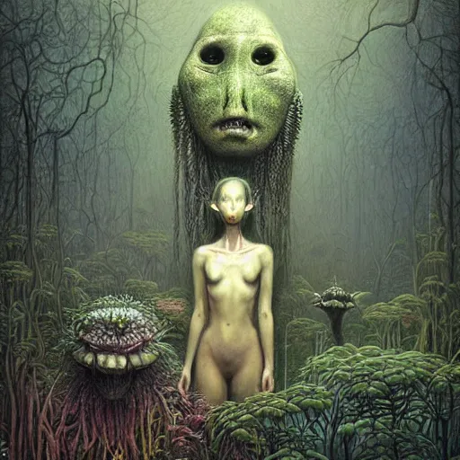 Image similar to a hyperrealistic painting of a beautiful alien princess in the middle of an alien jungle, bioluminescent plants, by john kenn mortensen and zdzislaw beksinski, highly detailed, vivid color,